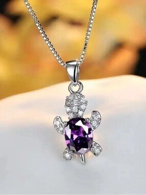 “Just Keep Swimming” Purple Turtle Gem Diamond Sterling Silver Gift Necklace